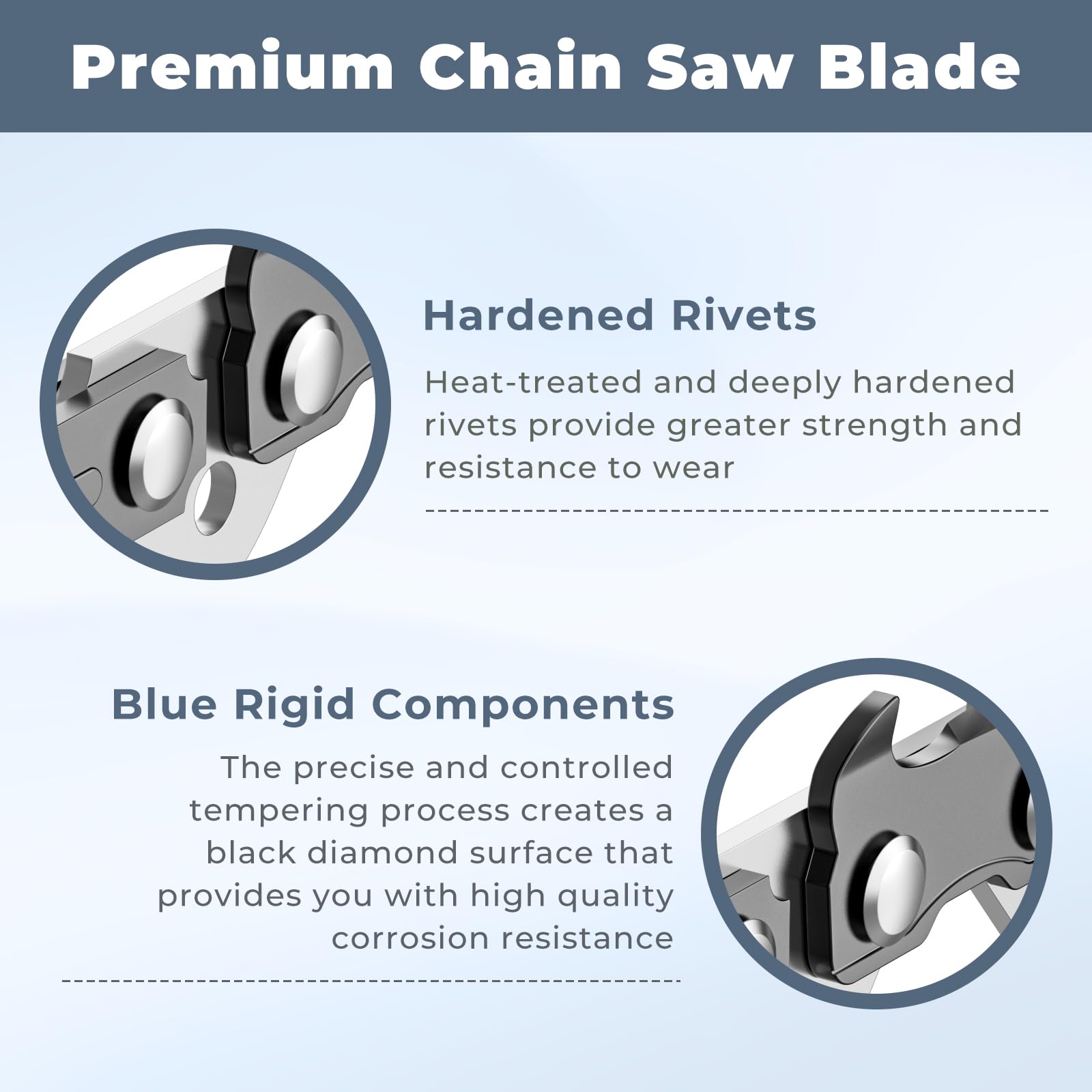 Installation steps visual showing easy, tool-free setup of replacement chain.