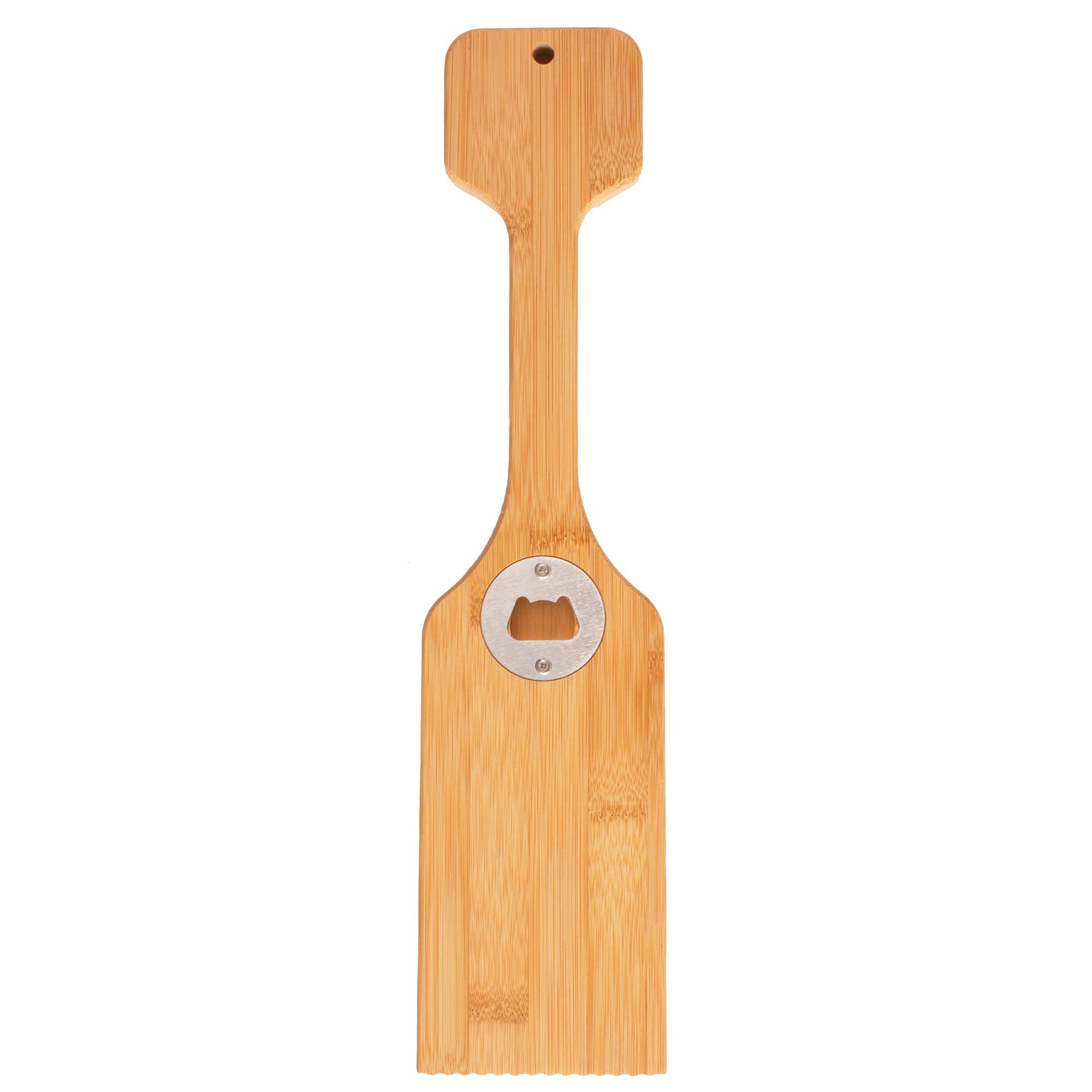 Totally Bamboo Grill Scraper bottle-opener close-up for outdoor grilling.