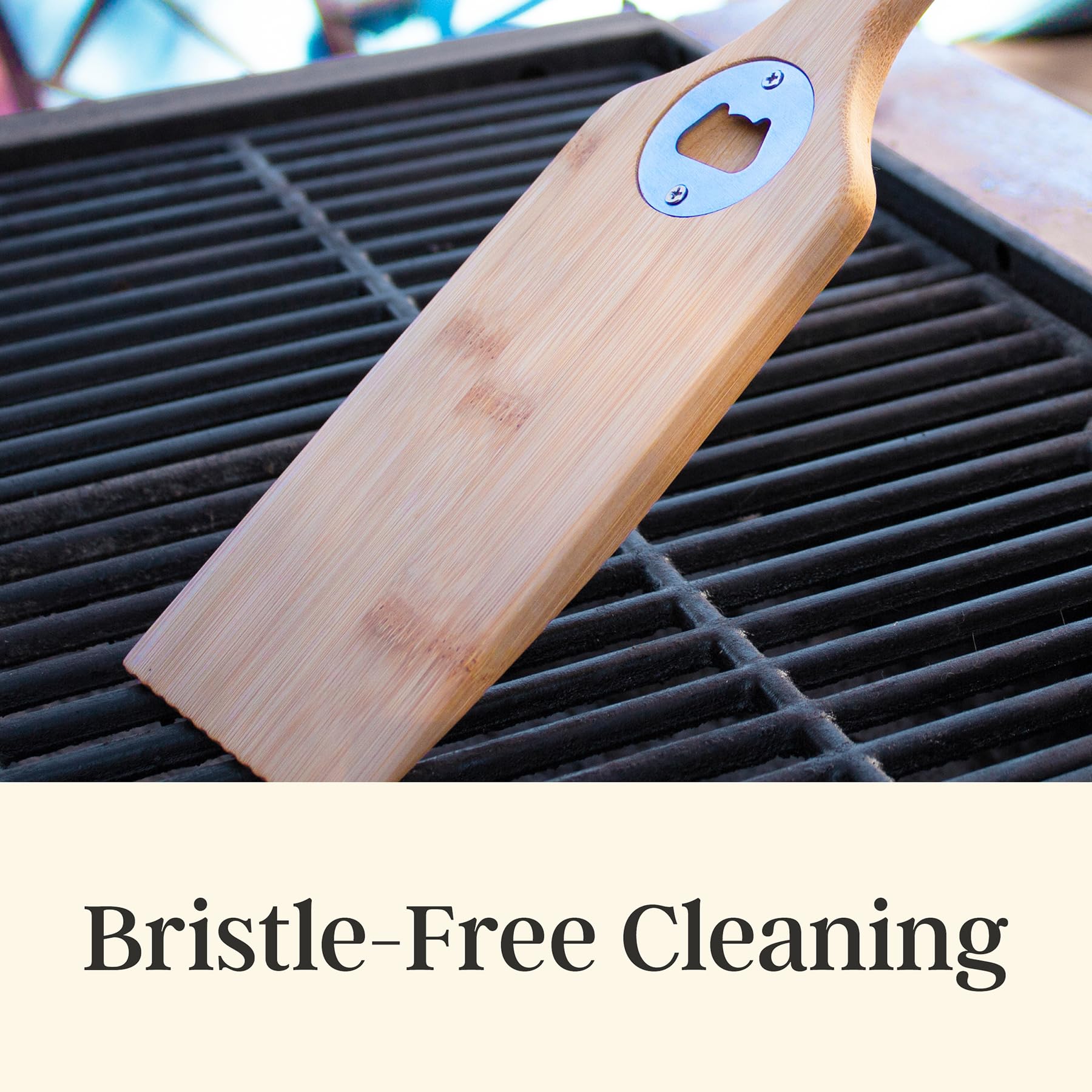Totally Bamboo Grill Scraper bristle-free edge, safer grill cleaning.