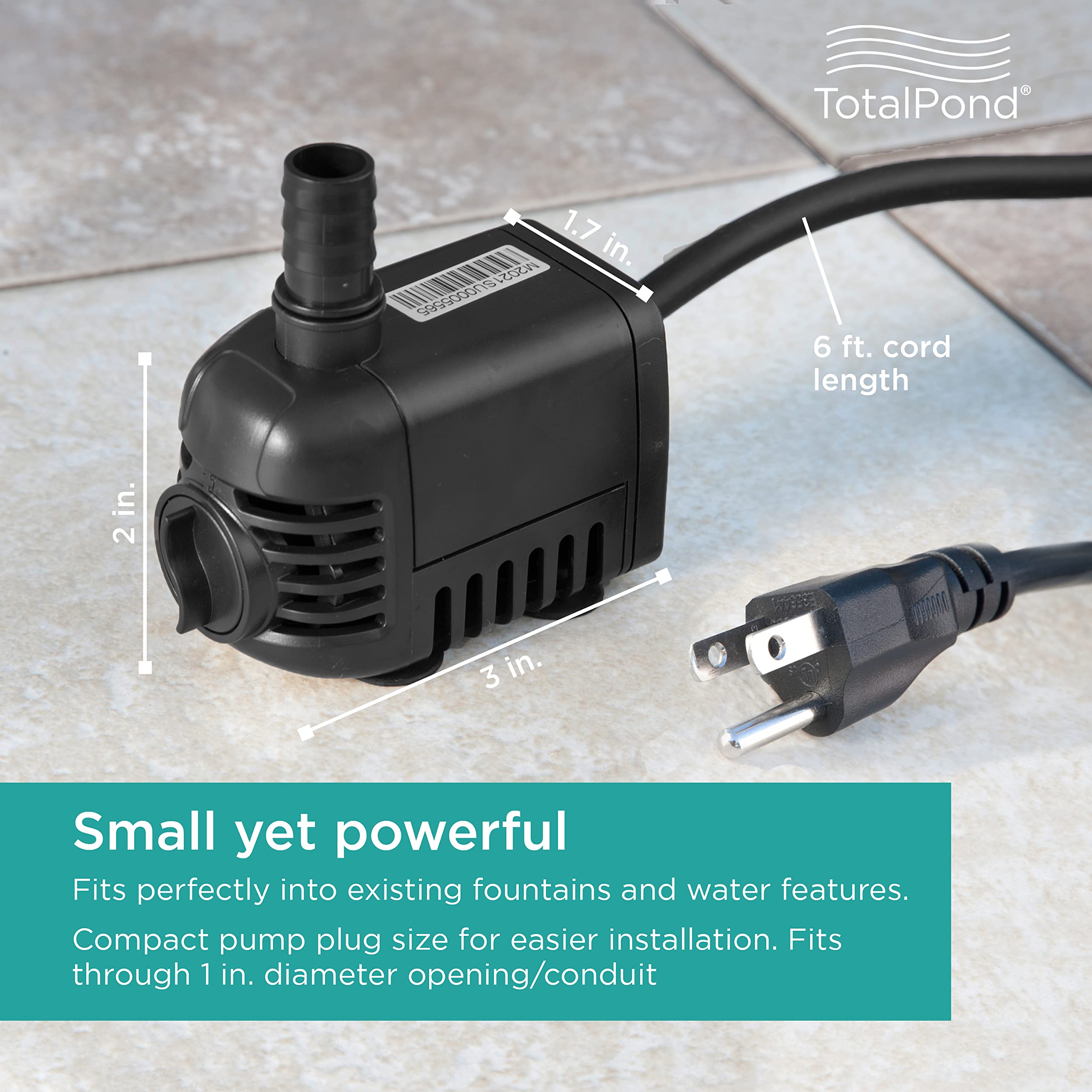 TotalPond 140 GPH pump shown in a fountain highlighting adjustable flow control.