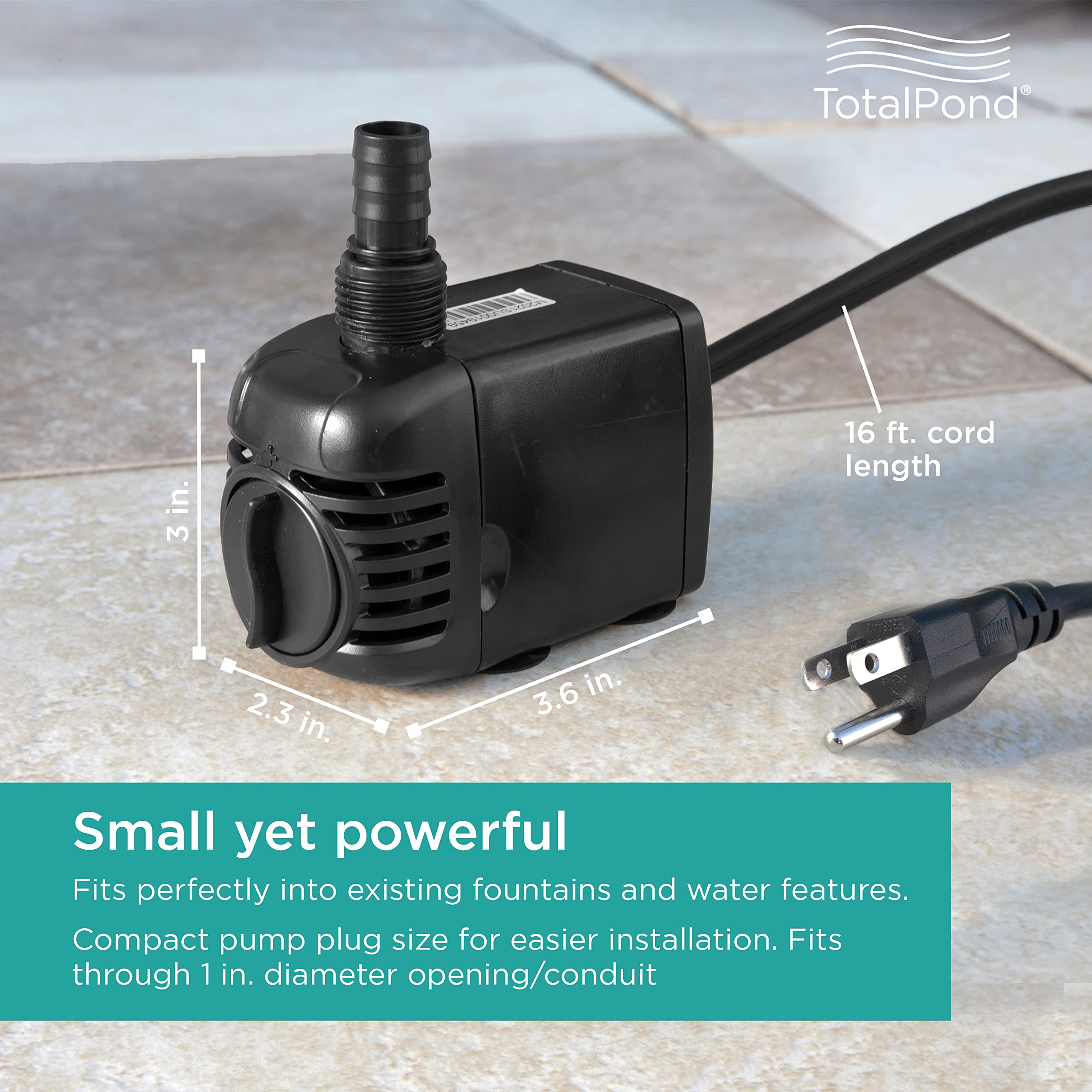 TotalPond 300 GPH fountain pump back view highlights accessible components for maintenance.