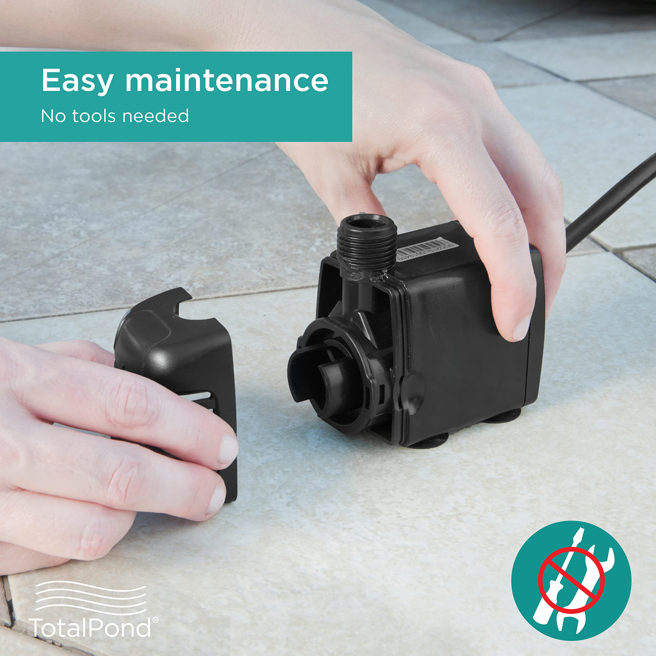 TotalPond 300 GPH fountain pump ceramic shaft close-up ensures quiet operation.