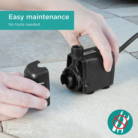 TotalPond 300 GPH fountain pump ceramic shaft close-up ensures quiet operation.