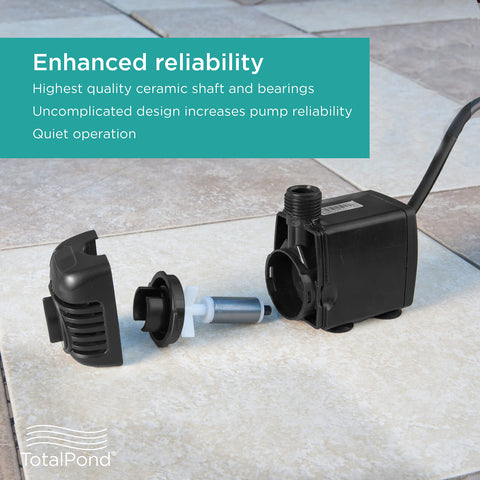 TotalPond 300 GPH fountain pump side view demonstrates quick install with no tools.