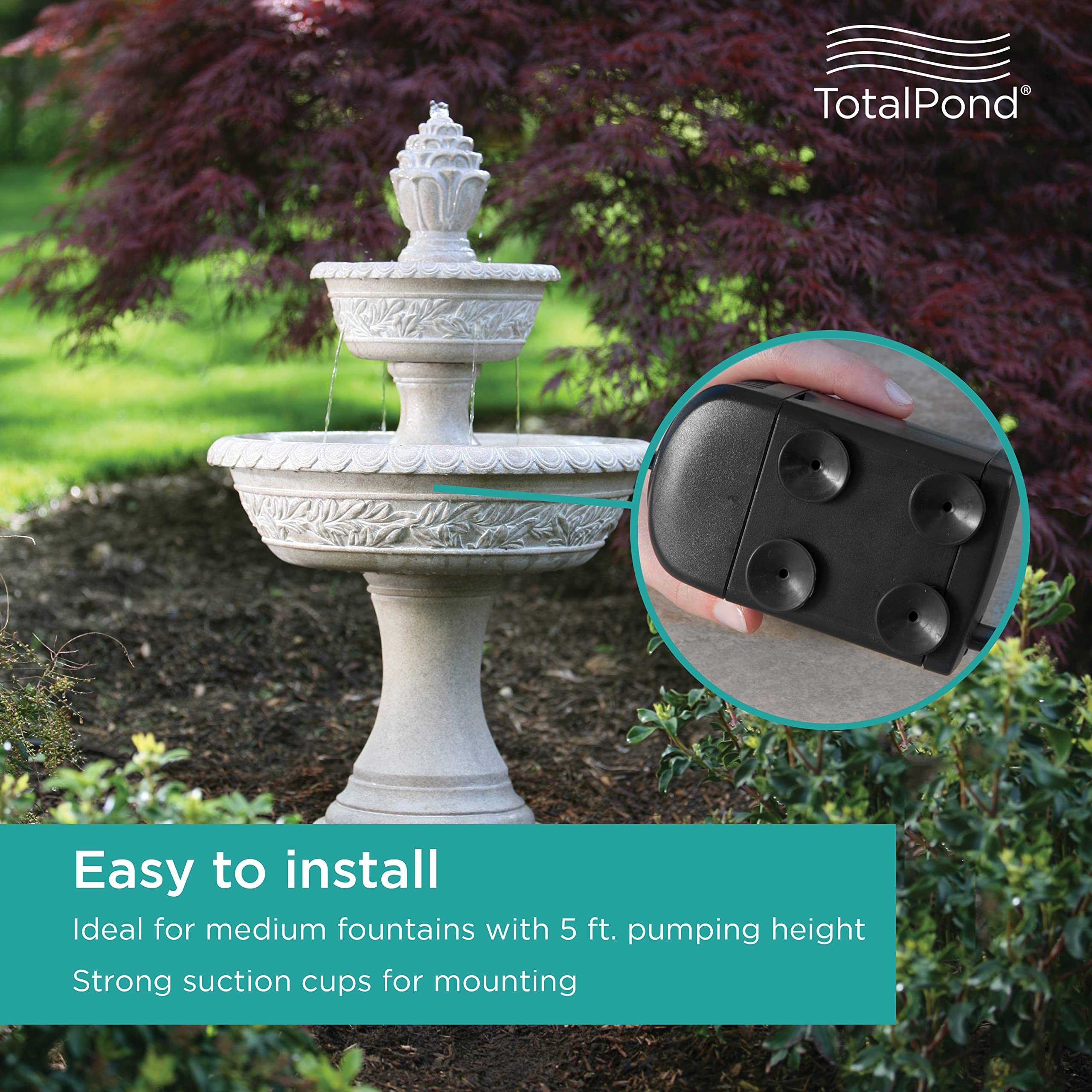 TotalPond 300 GPH fountain pump top view emphasizes its small footprint for tight spaces.