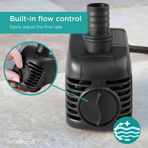 TotalPond 500 GPH pump offers 7 ft ideal pumping height for adjustable displays.