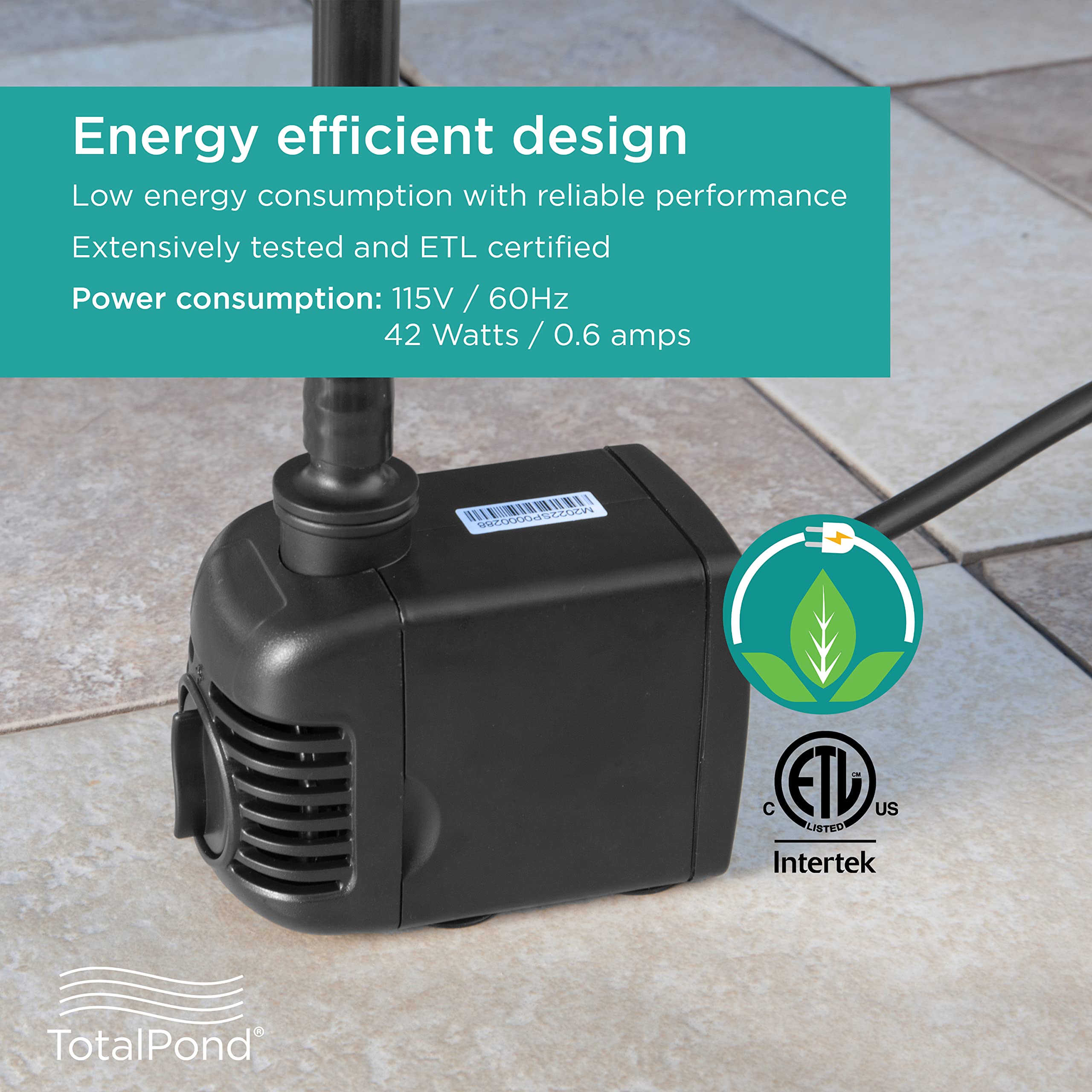 TotalPond 500 GPH pump designed for fresh water use, submerged operation.