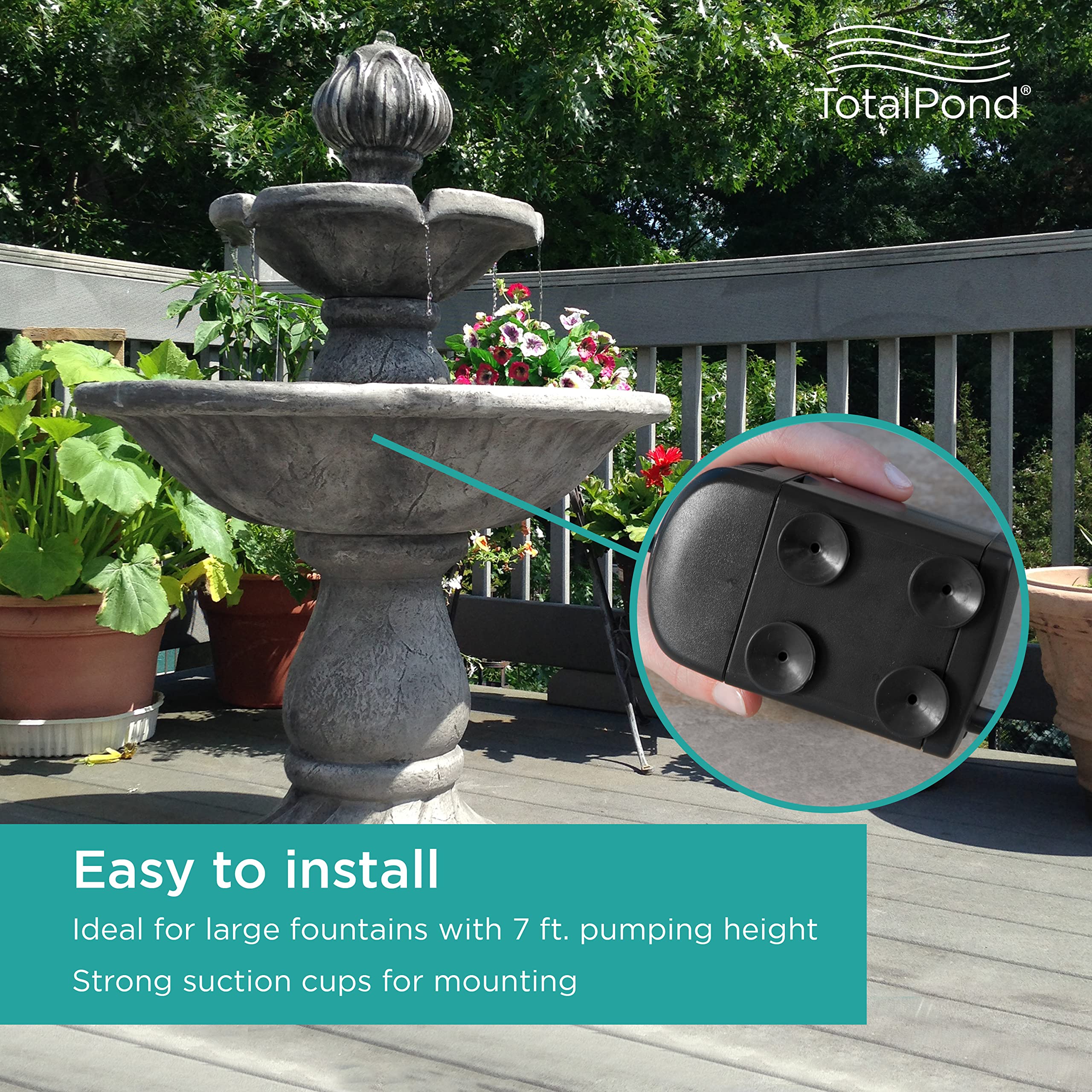TotalPond 500 GPH pump mounted with suction cups for secure placement.
