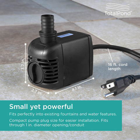 TotalPond 500 GPH pump submerged in water showcases quiet operation.