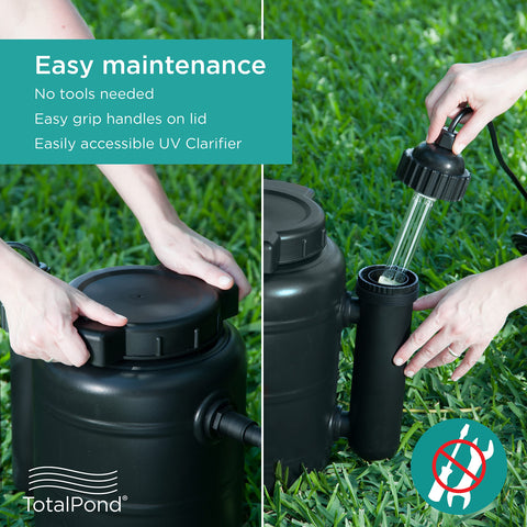 TotalPond outdoor-ready filter can be placed in or out of water.