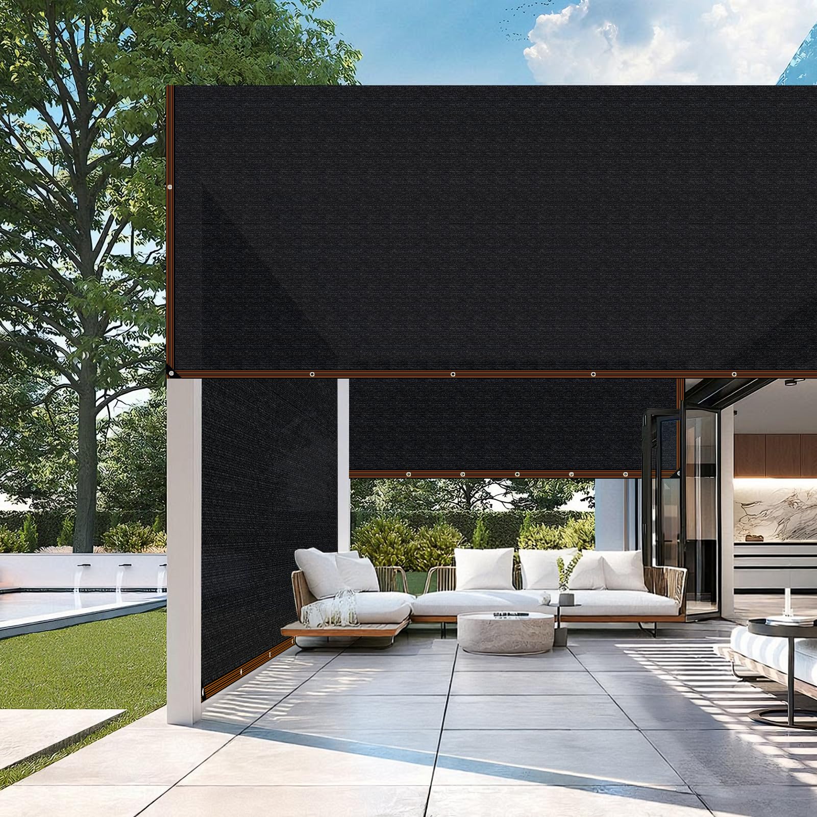 Totozakul shade cloth 85-90% cover for pool area reduces glare while allowing airflow.