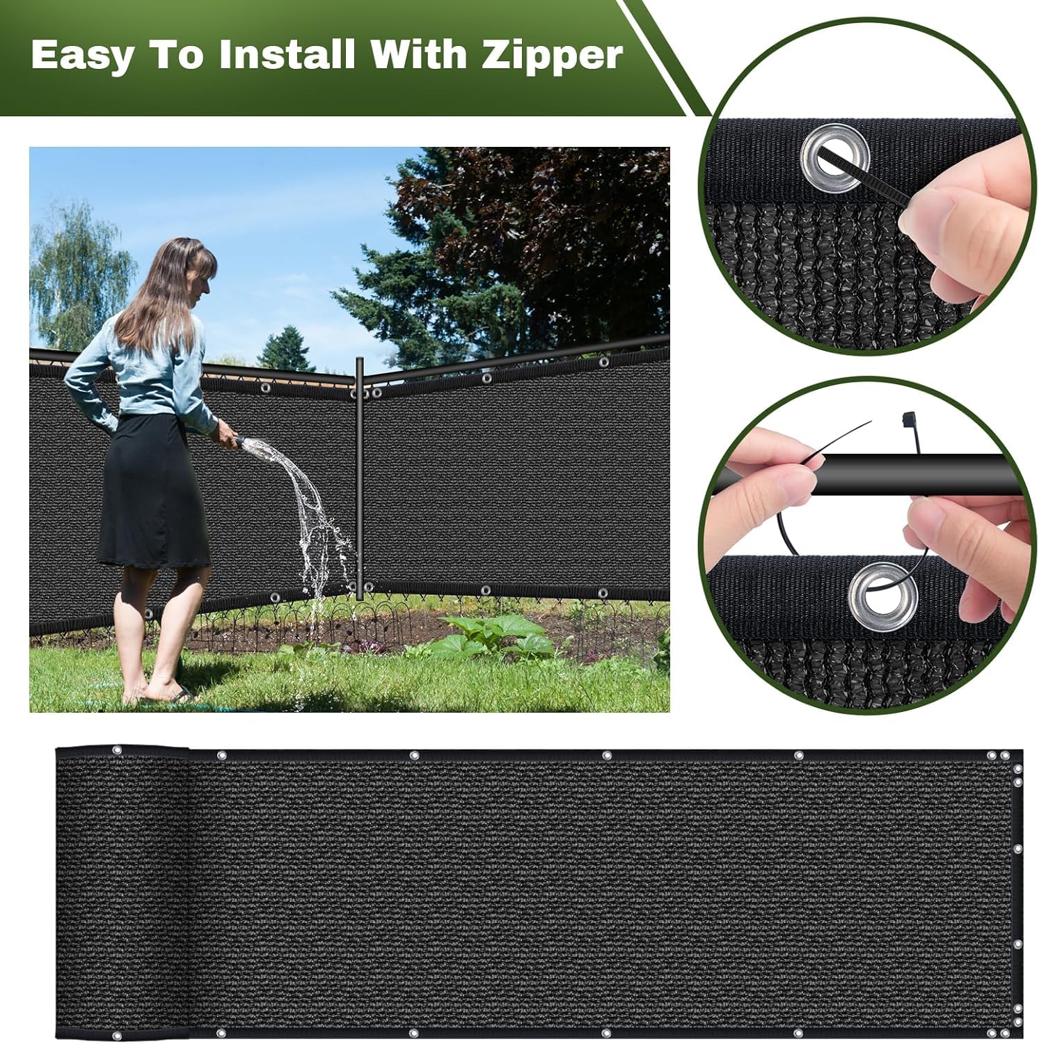 TOTU easy-install with included zippers simplifies attaching to a fence.