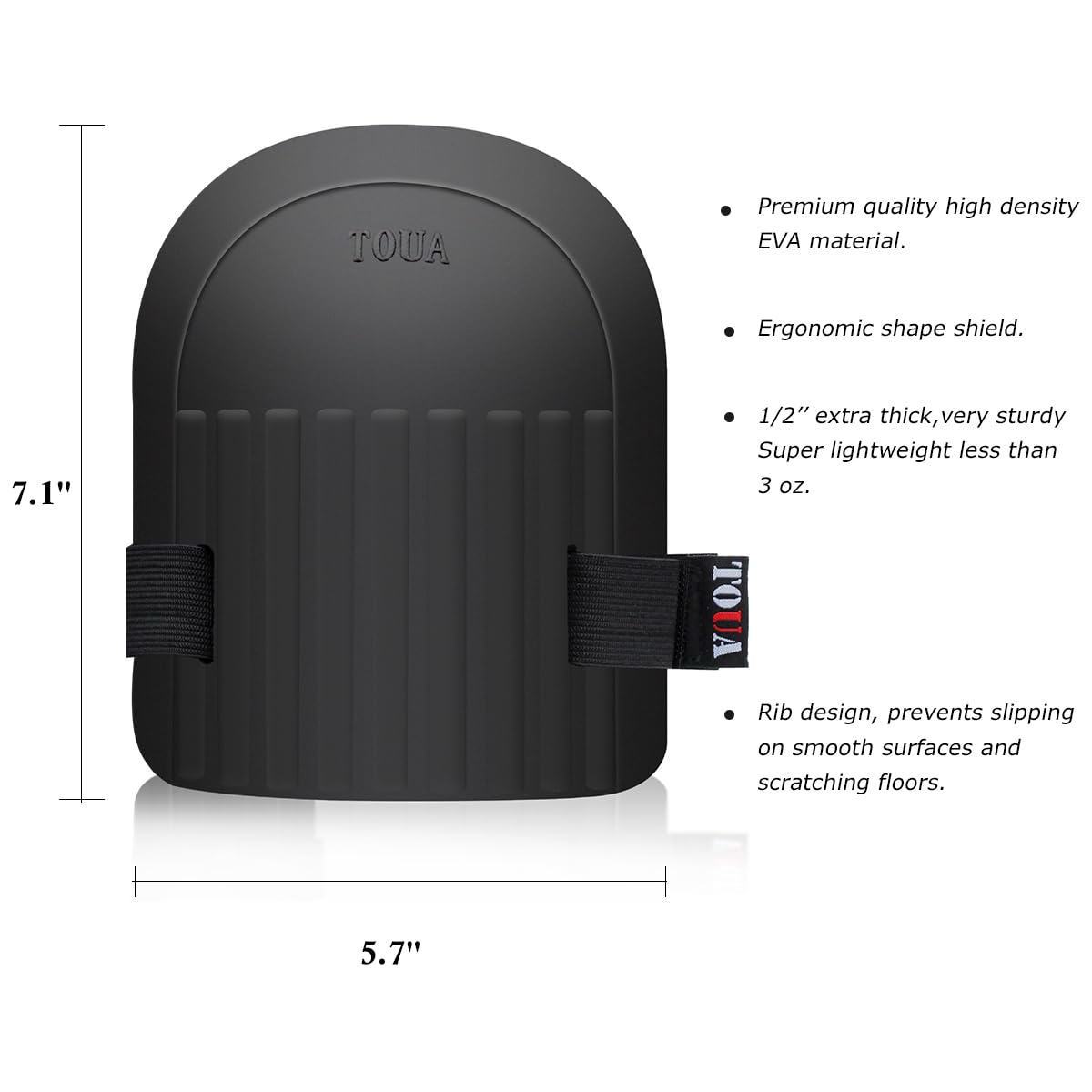 TOUA knee pads with lightweight foam shield for reduced knee strain.