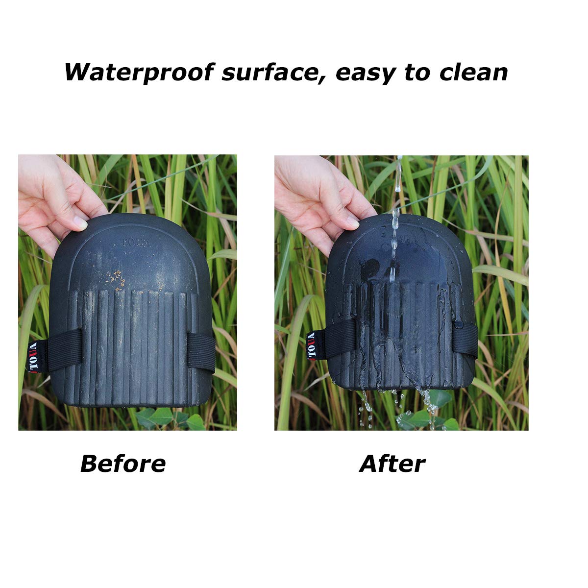 TOUA knee pads with waterproof surface for easy cleanup after tasks.
