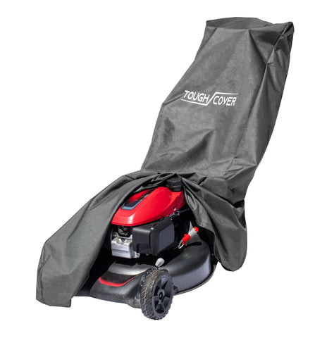 Tough Cover lawn mower cover in front view protects a zero-turn mower from rain and dust.