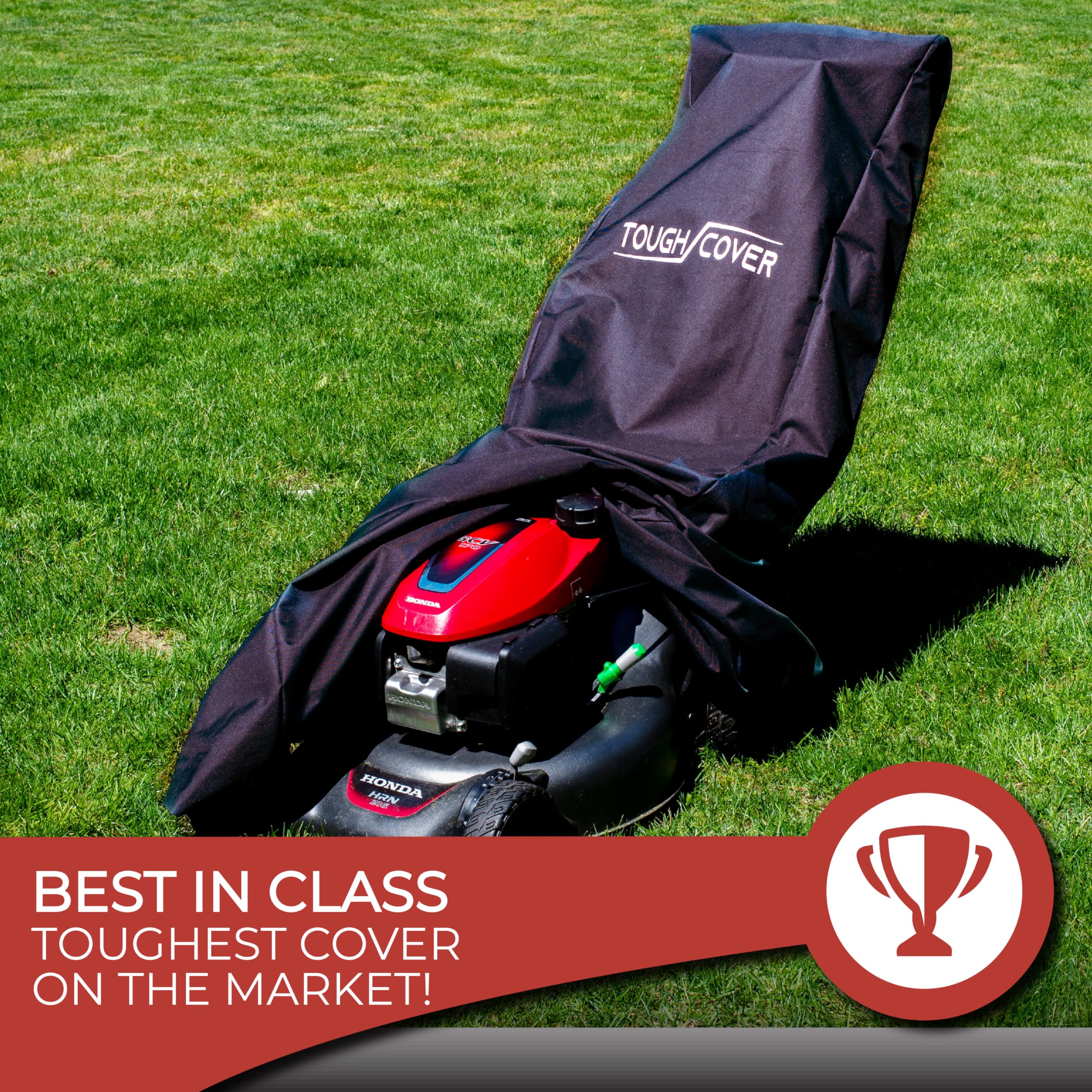 Tough Cover carrying bag aids organized, compact mower storage.