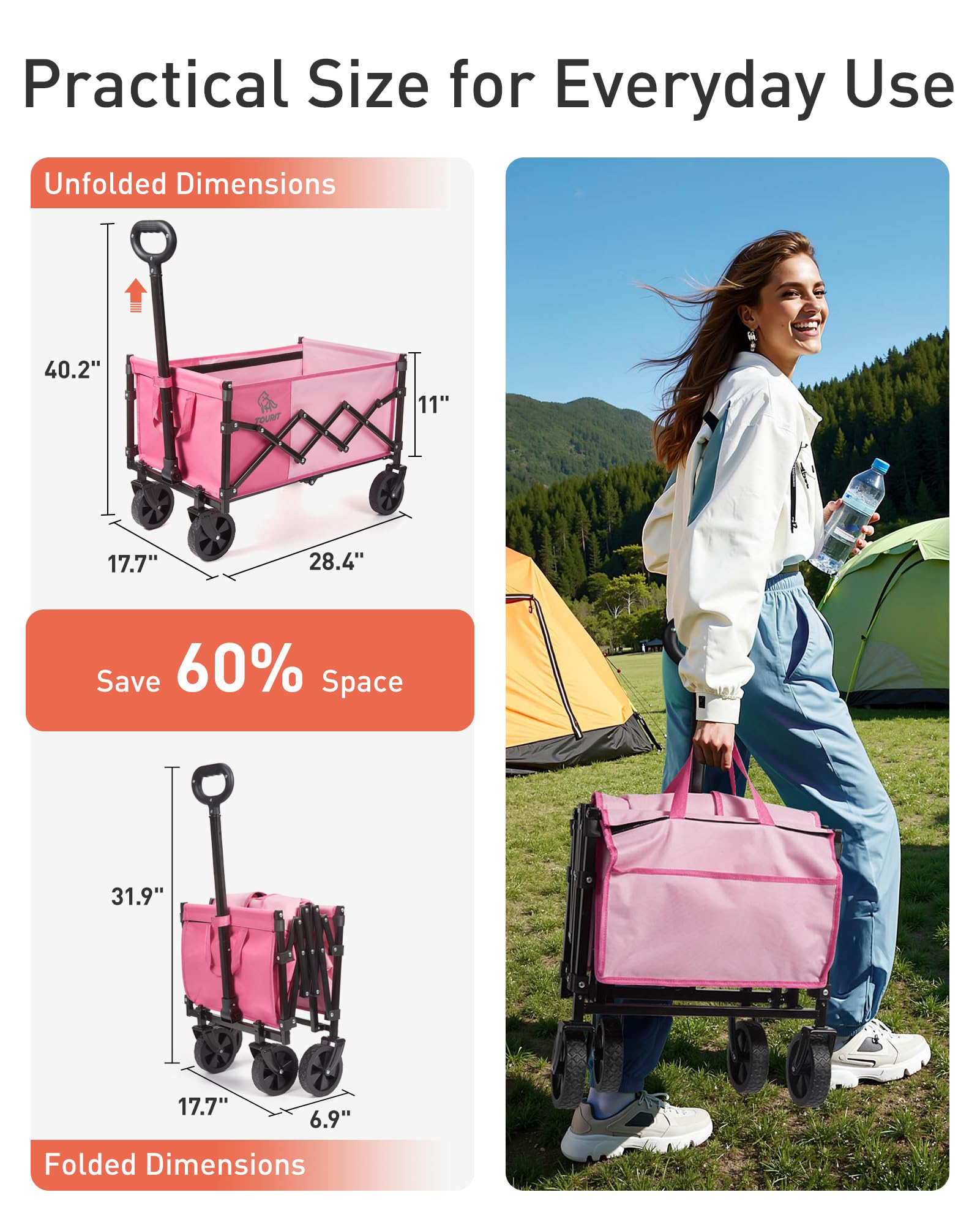 TOURIT adjustable handle extends to 37 inches for comfortable pushing or pulling