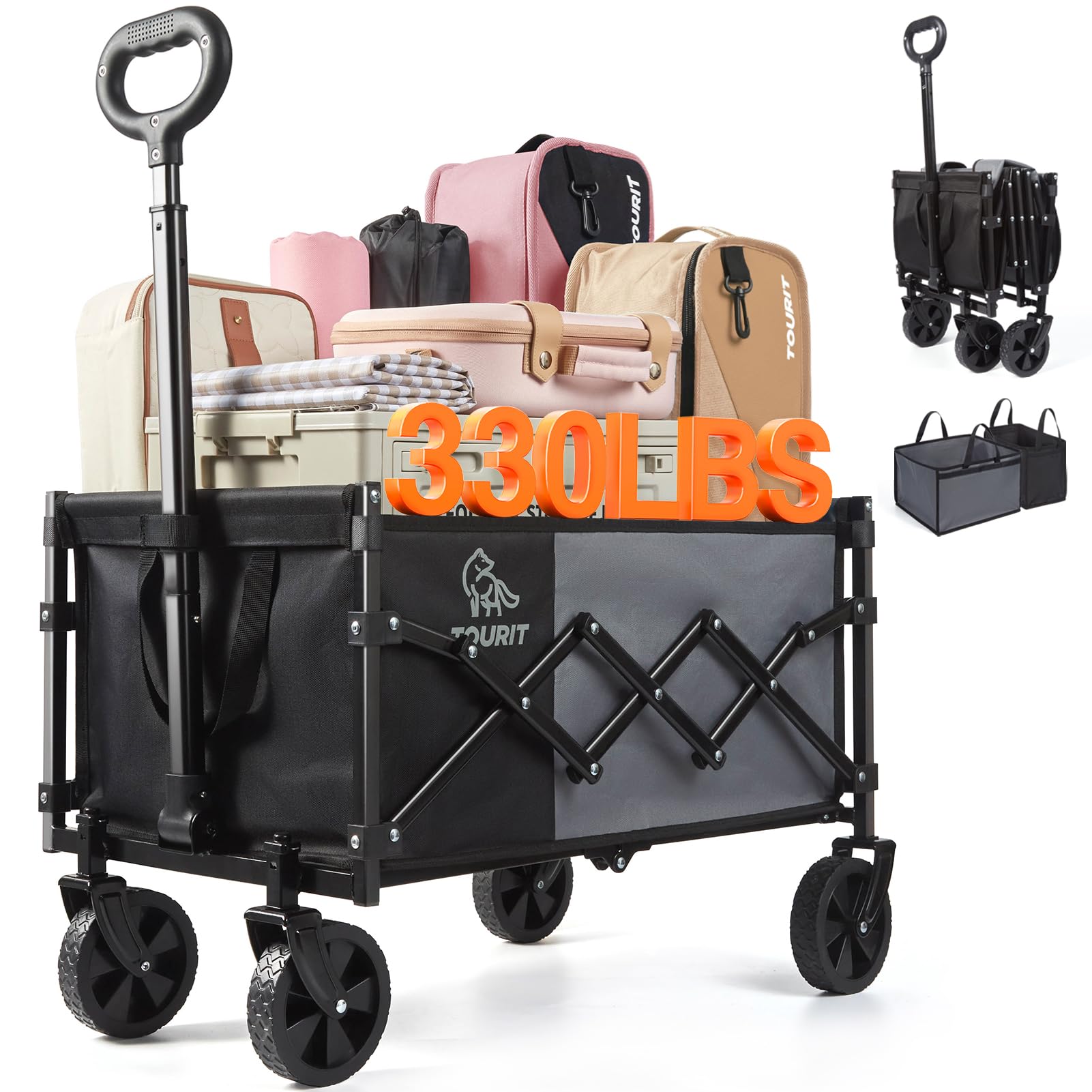 TOURIT foldable wagon with all-terrain wheels ready for sand and grass surfaces.