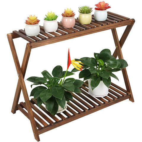Tovacu wood plant stand top view shows two-tier layout for corner display