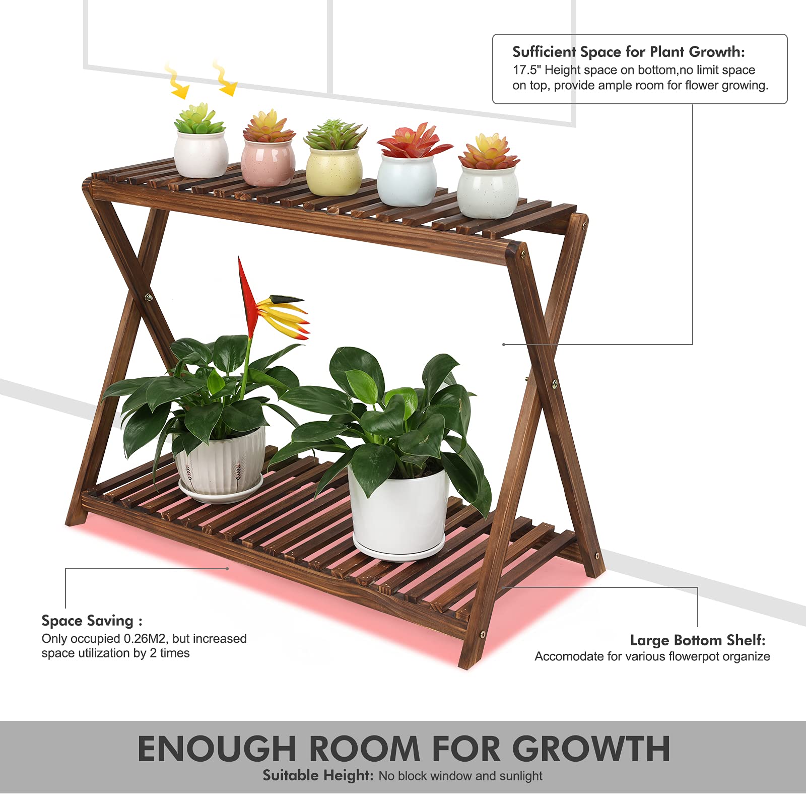Tovacu wood plant stand two-tier design maximizes space and light exposure for plants