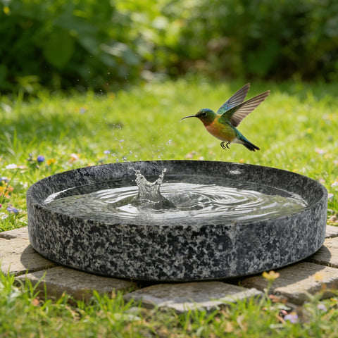 TOWDREU stone bird bath, 10-inch diameter, natural textures enhance outdoor garden charm.