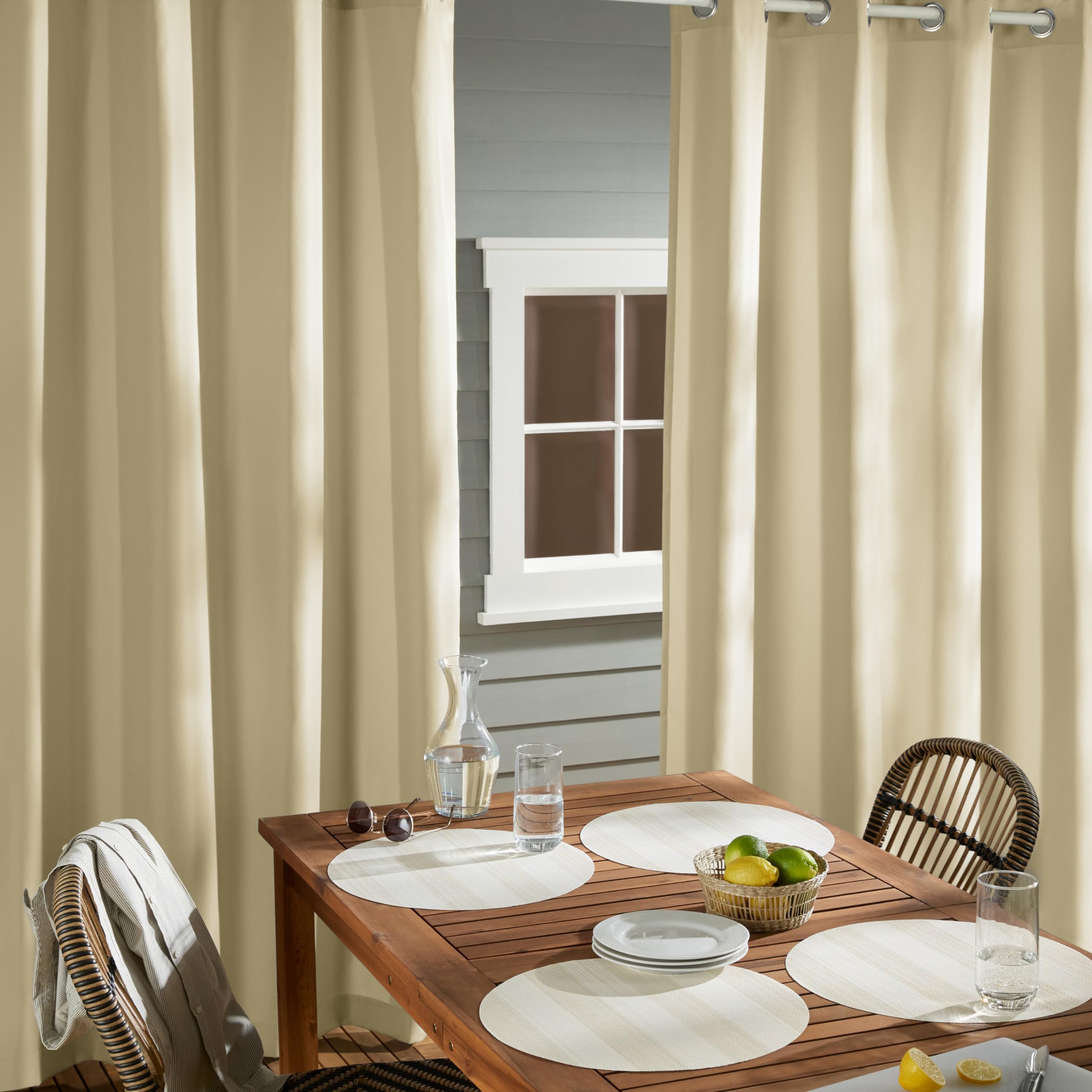Water-repellent finish on Cabana curtains protects outdoor seating areas from moisture.