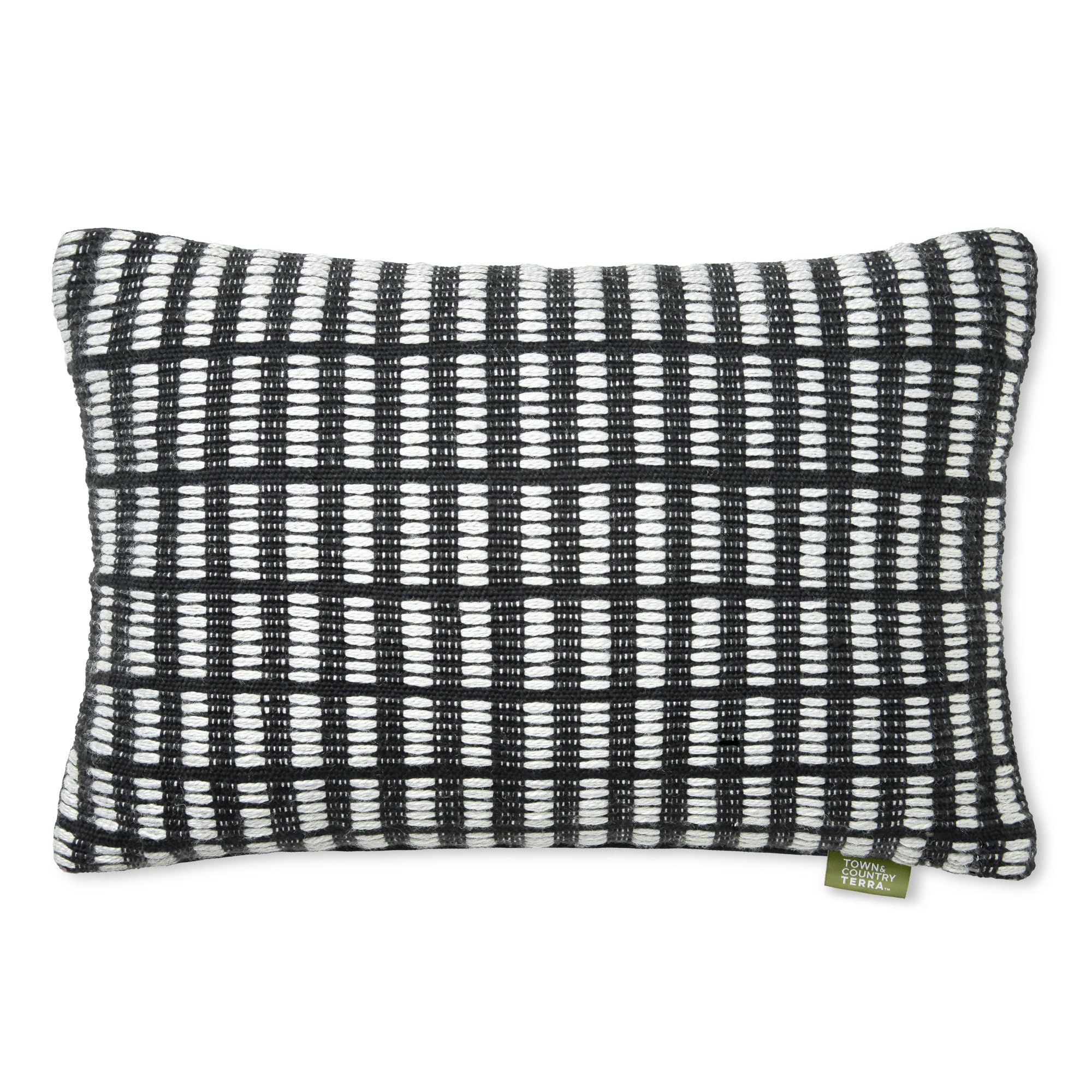 Town & Country Terra Alara textured geo stripe pillow outdoors with UV-fade resistance and color longevity.