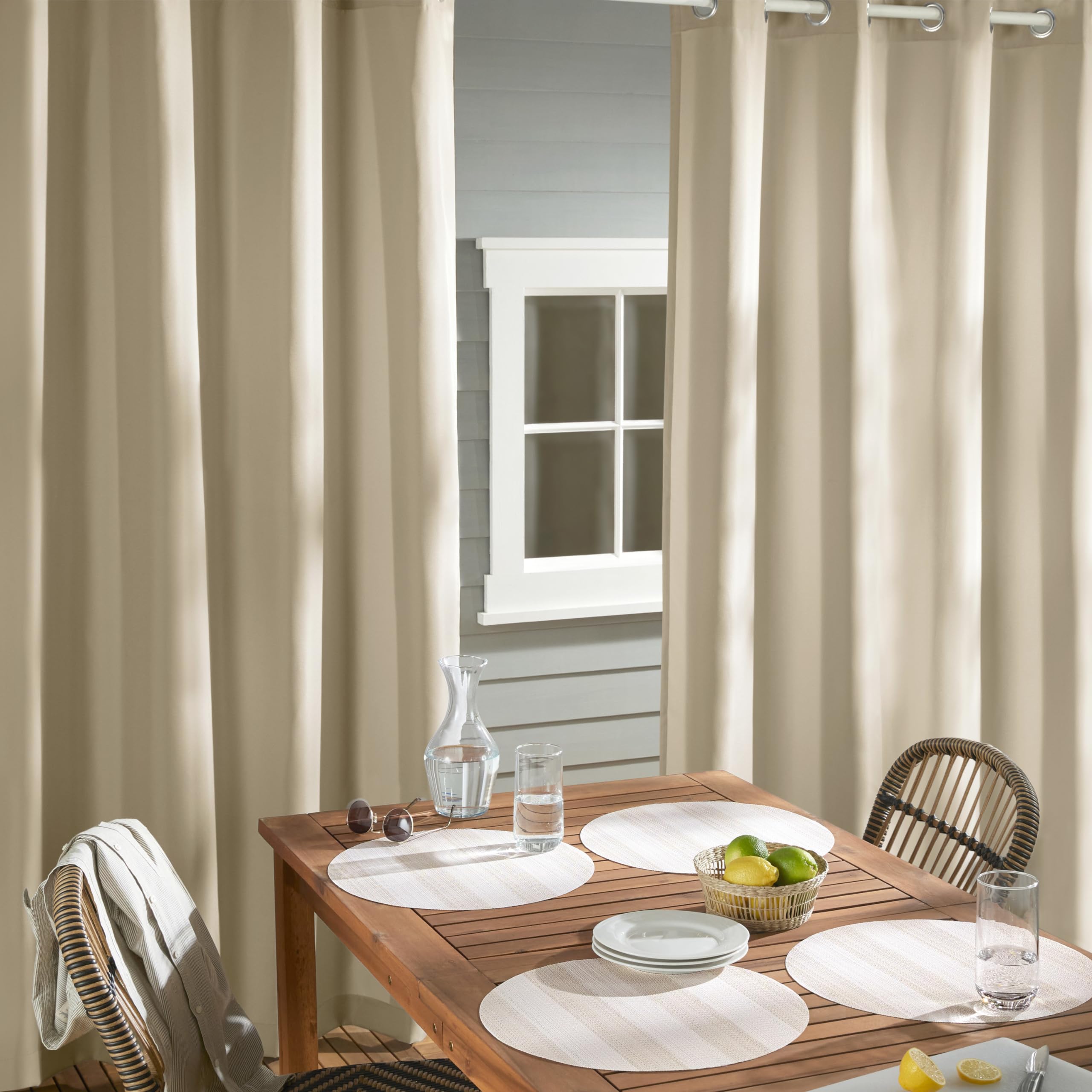Town and Country Basics Cabana curtains grommet-top detail for easy rod mounting.