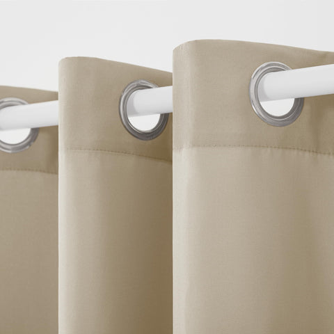 Town and Country Basics Cabana curtains with water-repellent finish for damp outdoor spaces.