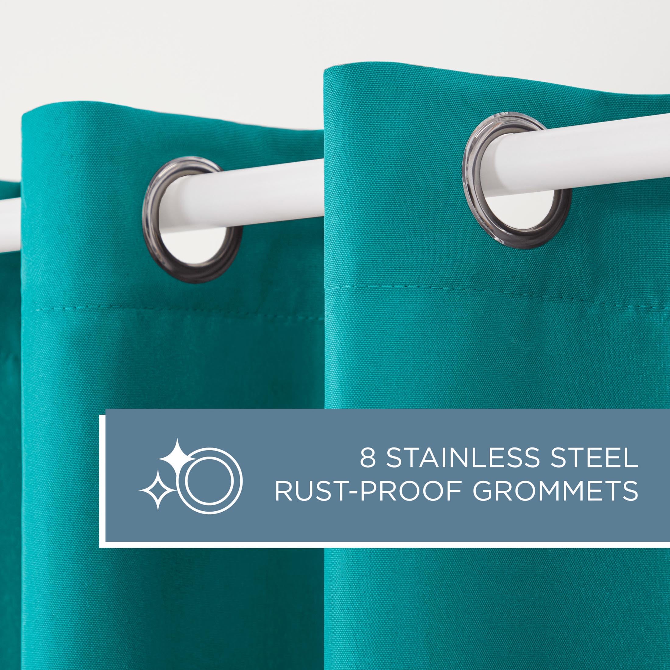 Town & Country Basics Cabana teal curtain panels on an outdoor patio setting