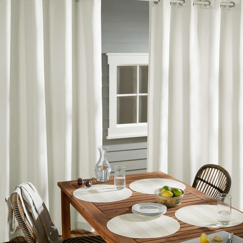 Outdoor patio setup with Town and Country Basics Cabana curtains in vanilla.