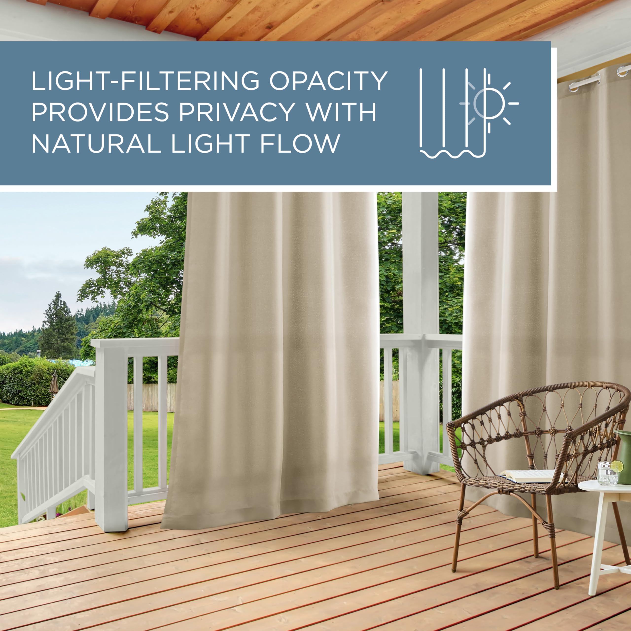 Grommet-top Cabana curtain compatible with standard rods up to 1.25 inches.