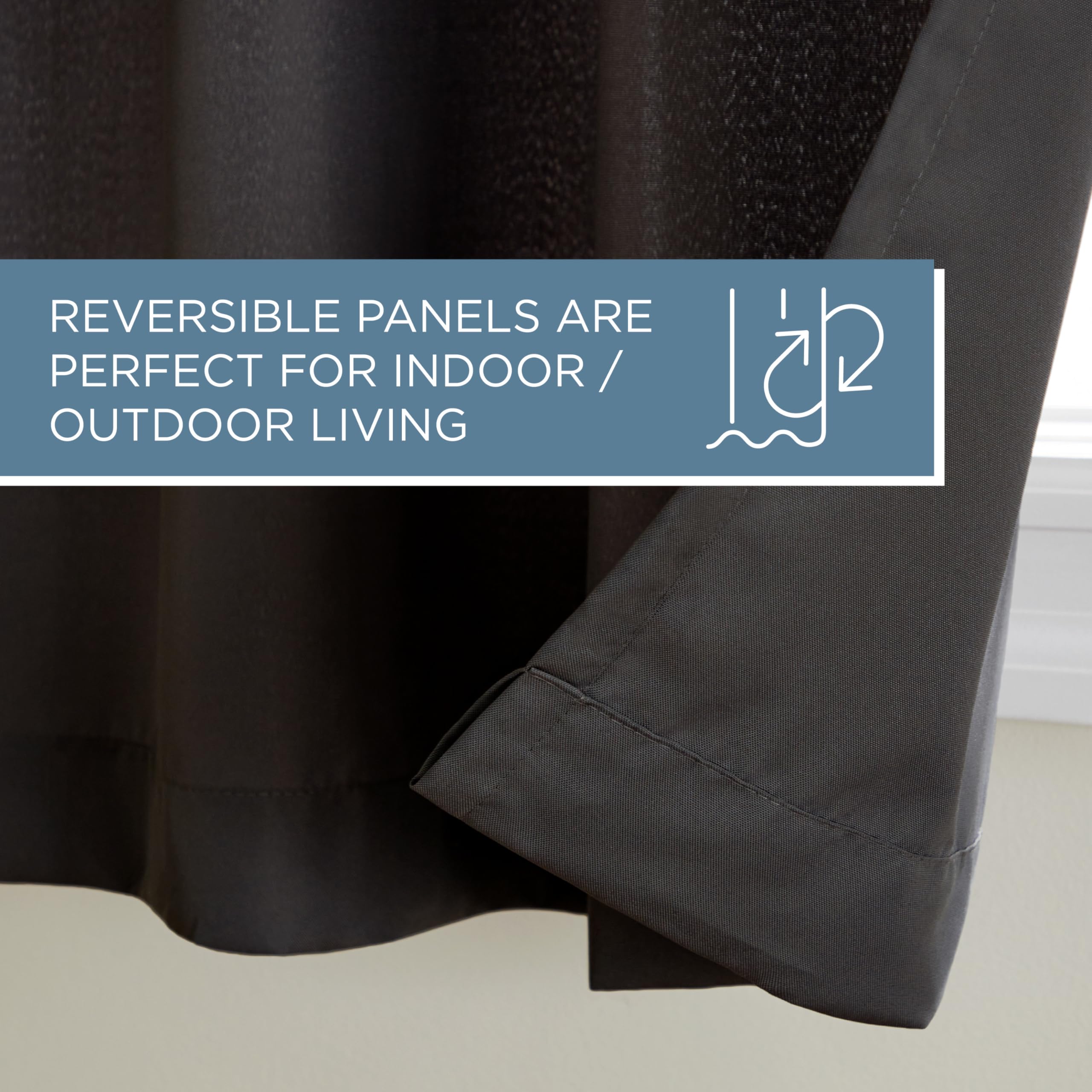 Town & Country Basics Cabana solid black curtain enhances outdoor privacy and style.