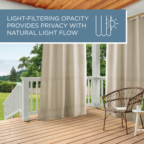 Outdoor sunroom scene using Town & Country Basics Cabana curtains in taupe.