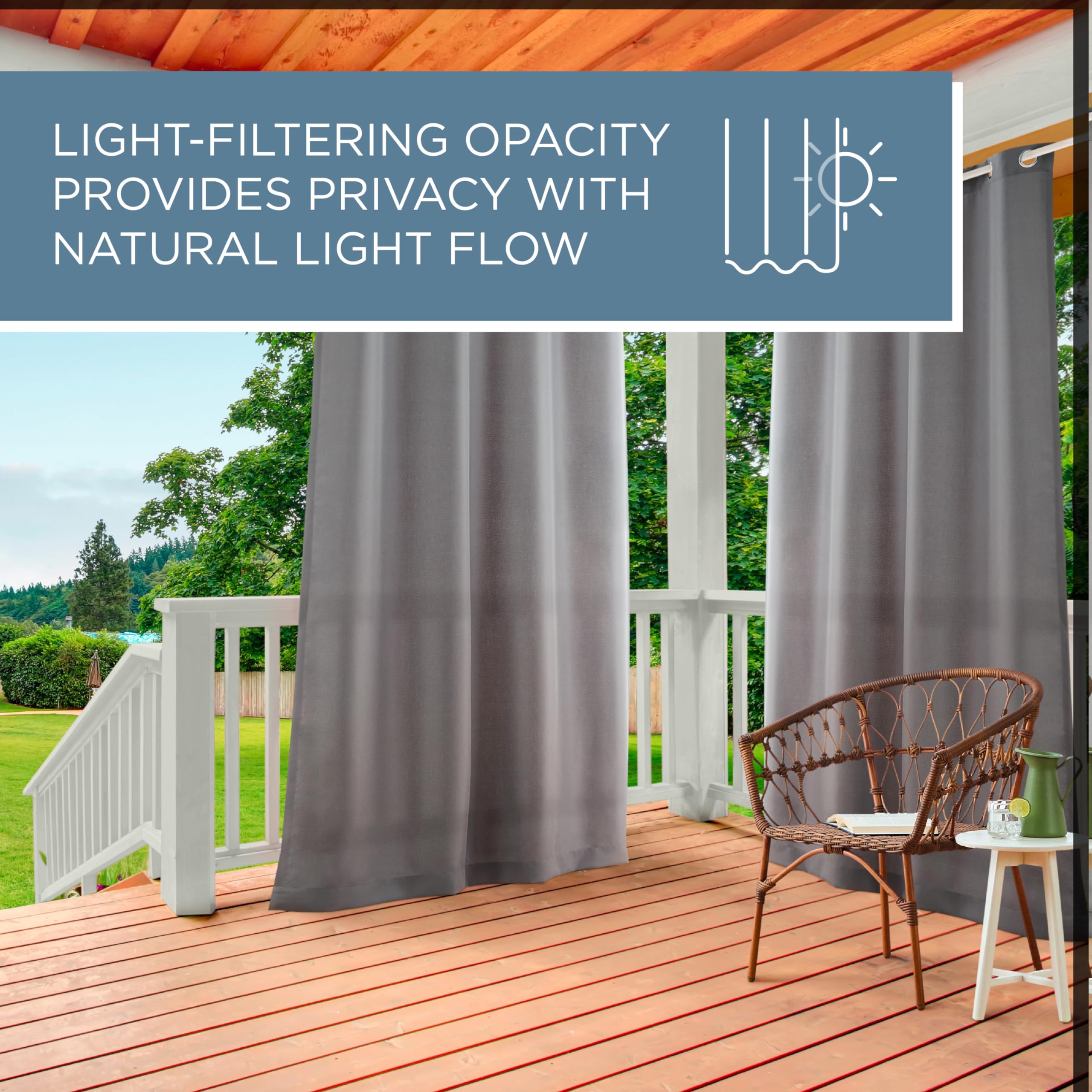 Town & Country Basics Cabana curtains night view showing ambient diffusion
