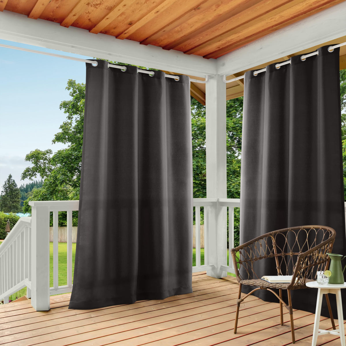 Town & Country Basics Cabana solid heavyweight curtains provide indoor outdoor privacy with water-repellent fabric.