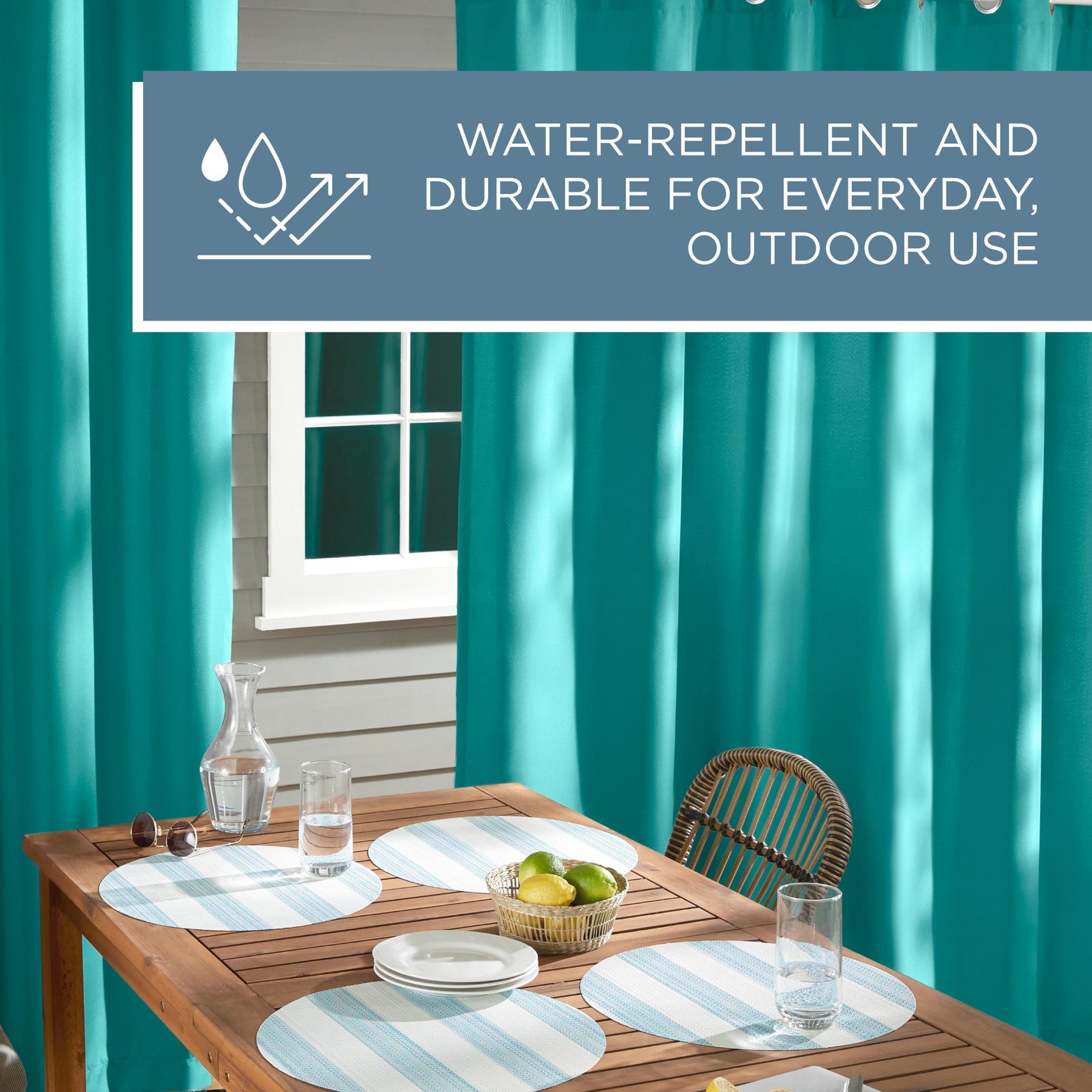 Town & Country Basics Cabana teal outdoor curtain repels moisture for decks and patios