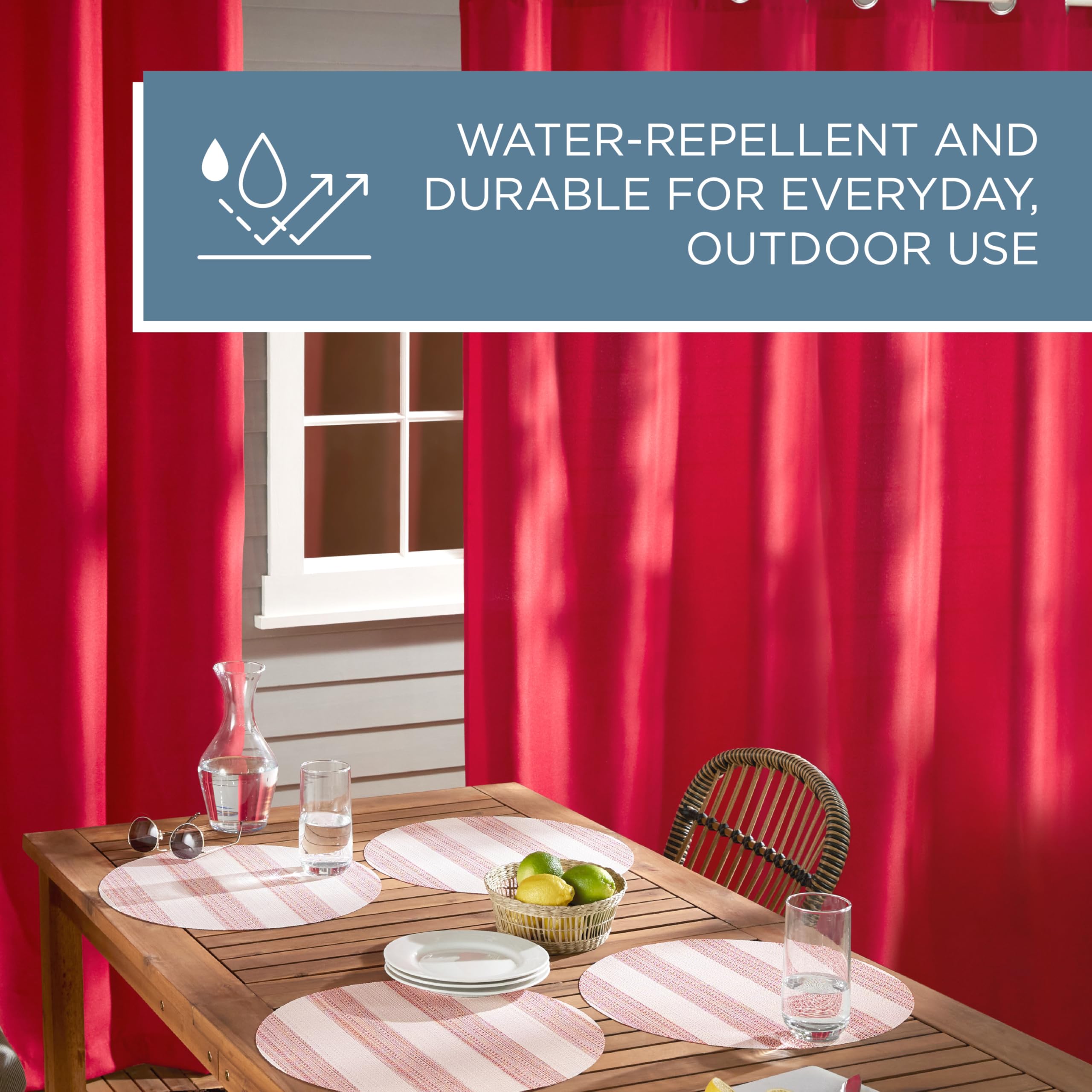 Town & Country Basics curtain panel on rod demonstrates versatile indoor outdoor styling.