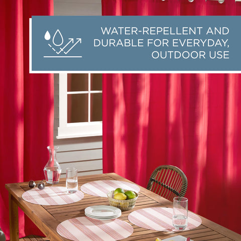 Town & Country Basics curtain panel on rod demonstrates versatile indoor outdoor styling.