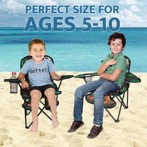 Toy To Enjoy dinosaur kids camping chair with mesh cup holder for hydration on the go.