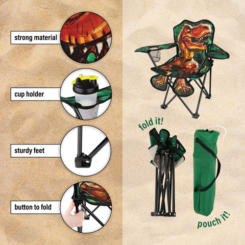 Toy To Enjoy dinosaur kids camping chair metal frame provides stable seating outdoors.
