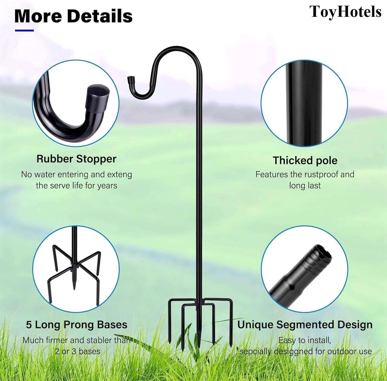 ToyHotels shepherd hook base with 5 prongs keeps stake secure in ground