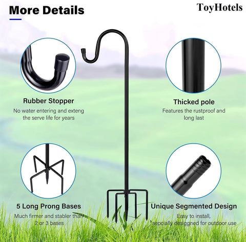 ToyHotels five-prong base shepherd hook enhances stability in windy yards.