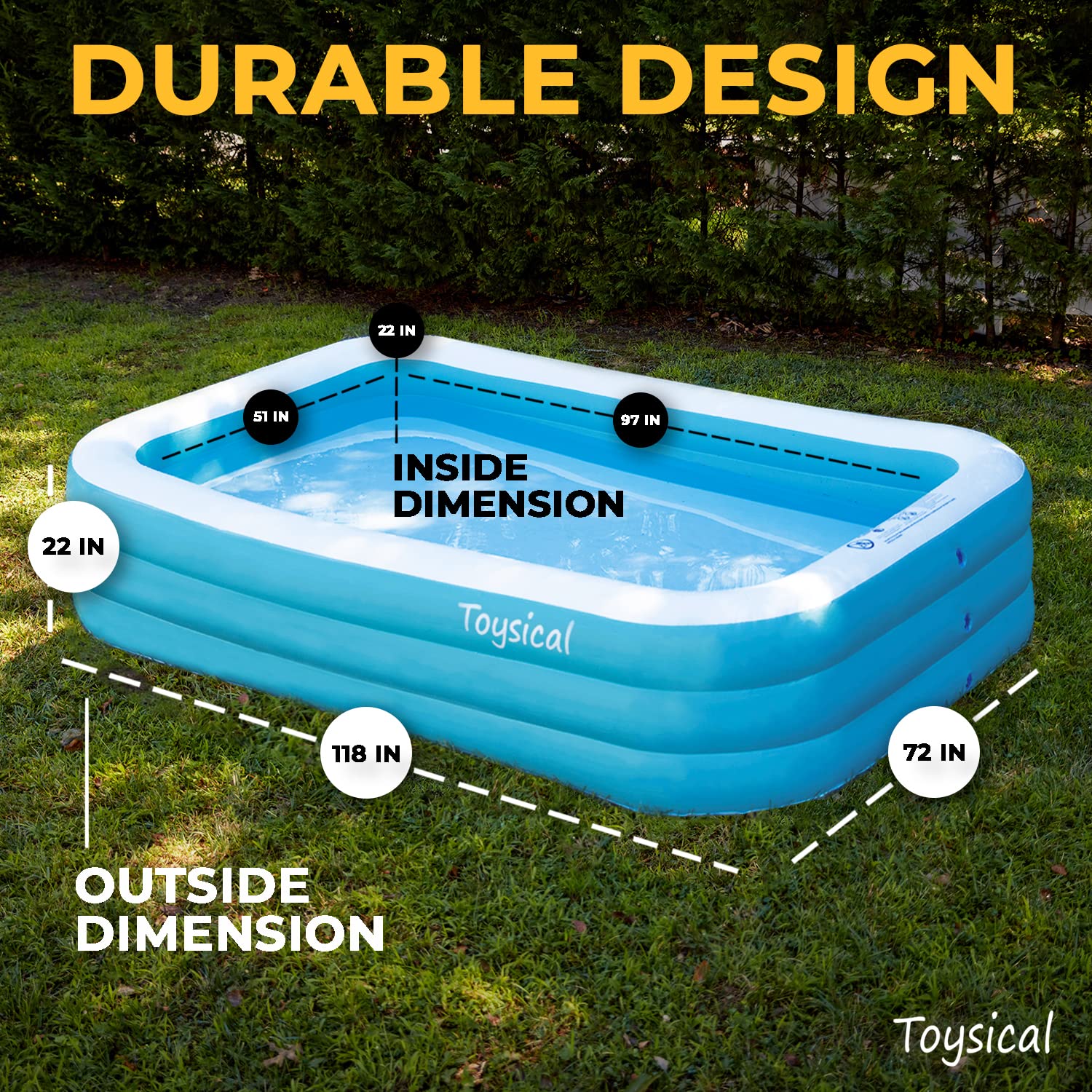 Toysical inflatable pool 0.4mm thick walls offer long-lasting durability.