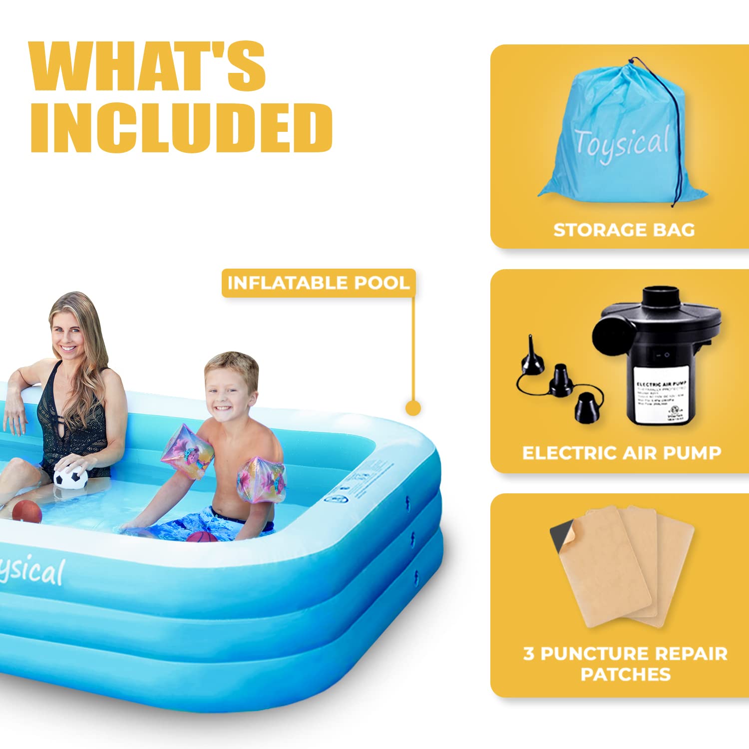 Toysical inflatable pool pump included for quick setup and filling.