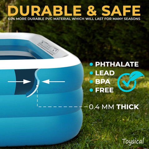 Toysical inflatable pool three-air-chambers provide sturdy support for stability.