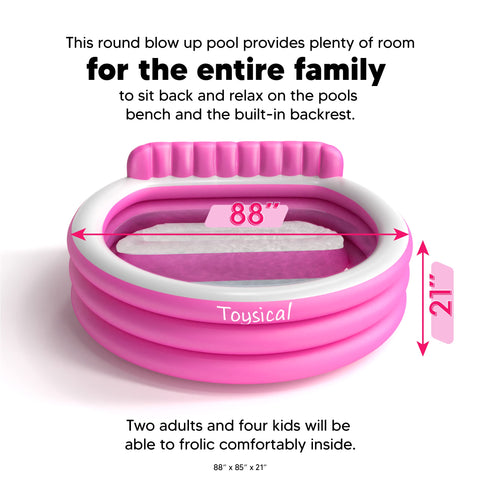 Toysical pool dimensions 88 x 85 x 21 inches help plan space.