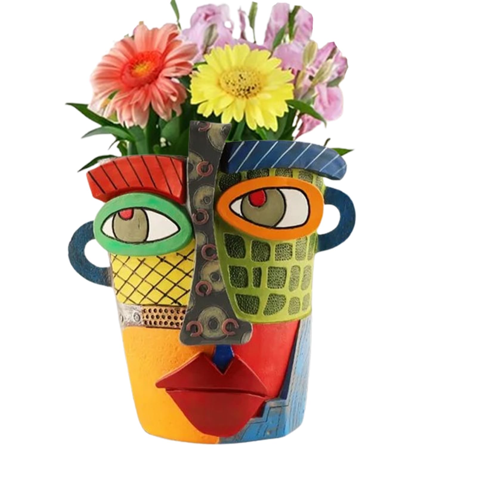TOZLU Picasso brutalist head planter with colorful resin design for indoor or outdoor decor.