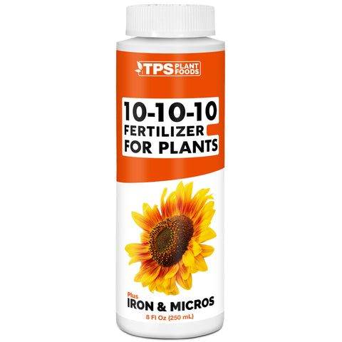 TPS NUTRIENTS 10-10-10 fertilizer bottle front shows balanced nutrients for healthy growth.