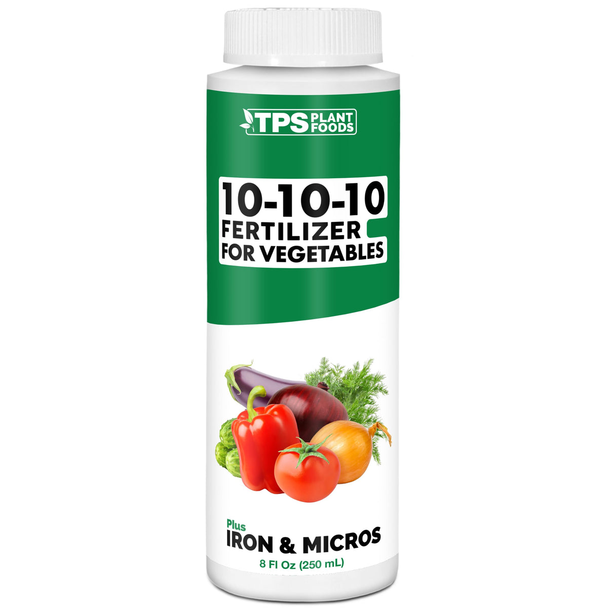 TPS NUTRIENTS 10-10-10 vegetable fertilizer bottle pour for easy garden feeding.